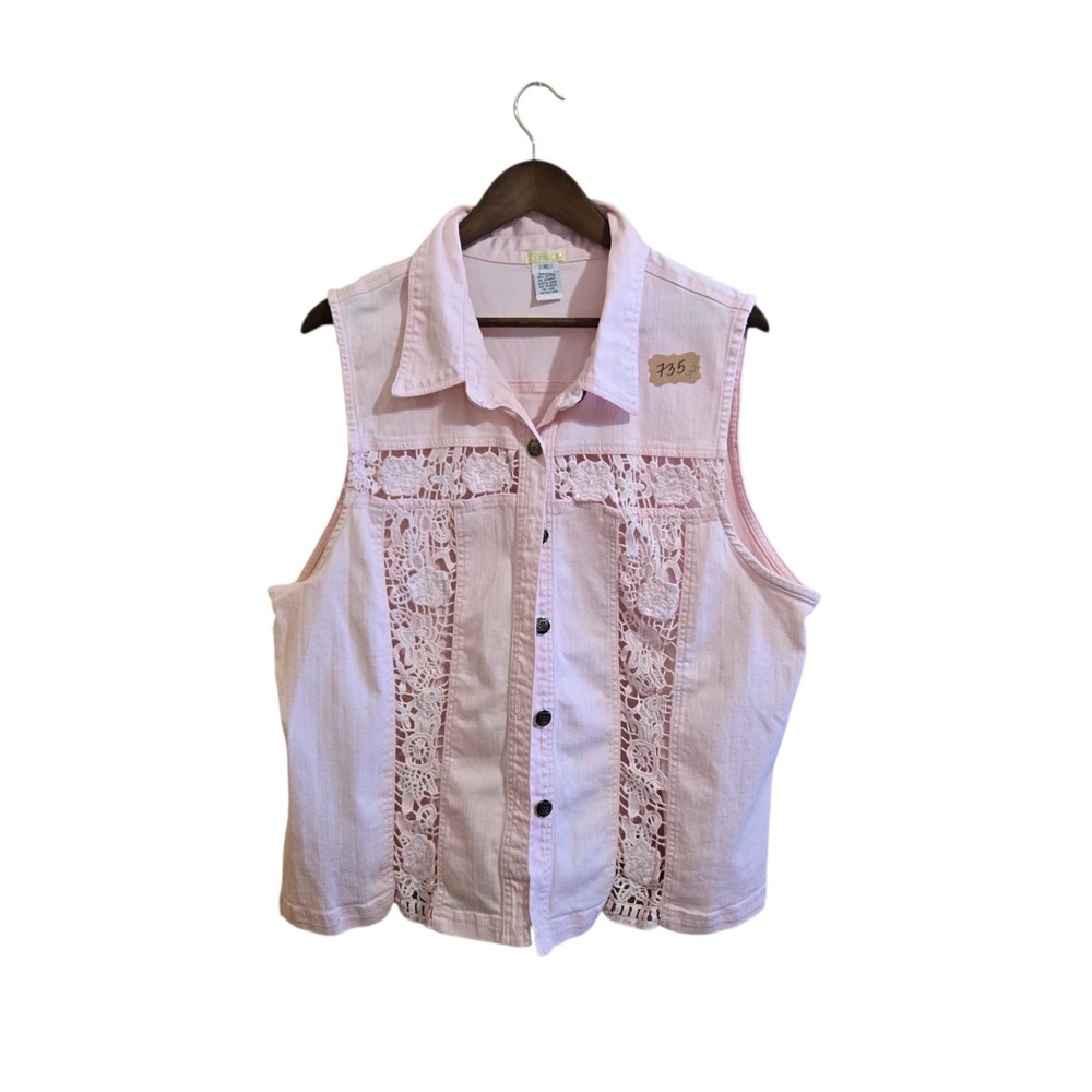 Vintage 2 Piece Denim Vest & Capri Pants Size XL Light Pink Lace Crochet - Picture 7 of 10